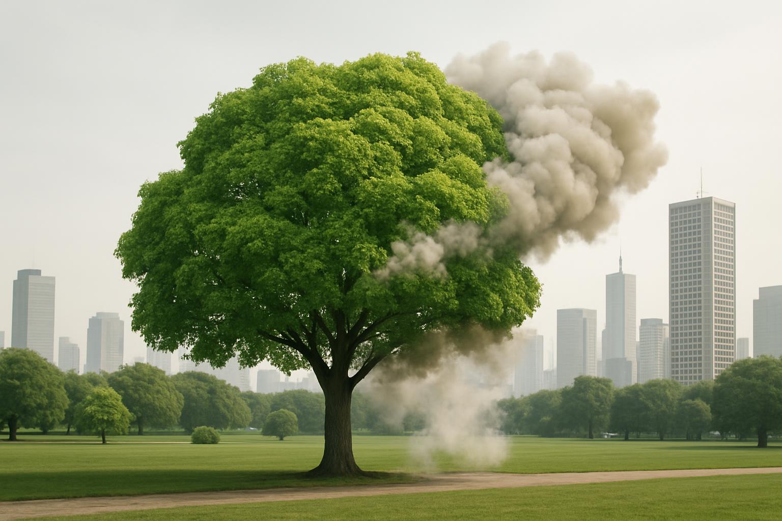 A large tree stands in a park with a city skyline in the background.