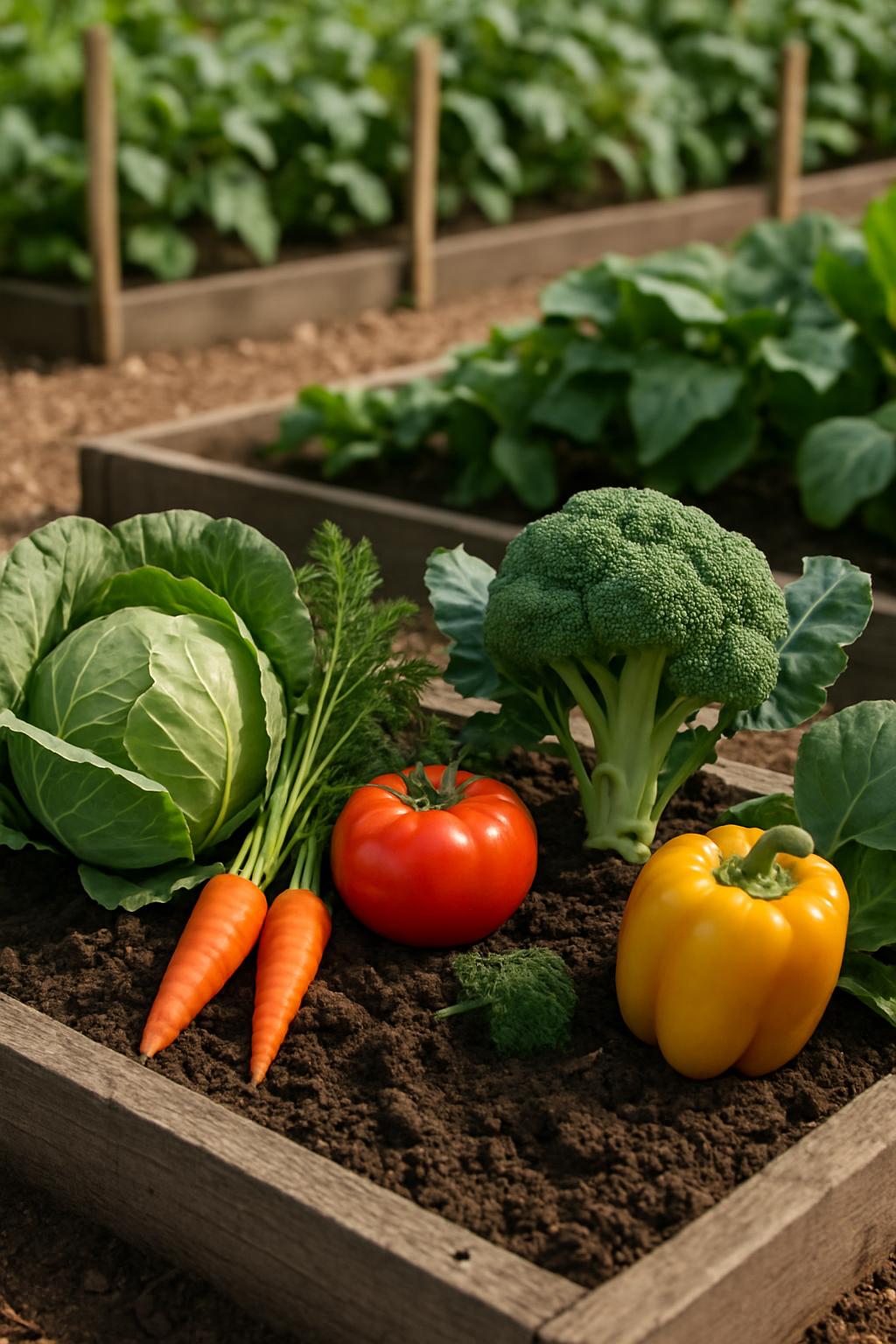 Vegetable garden with various vegetables in a wooden box.