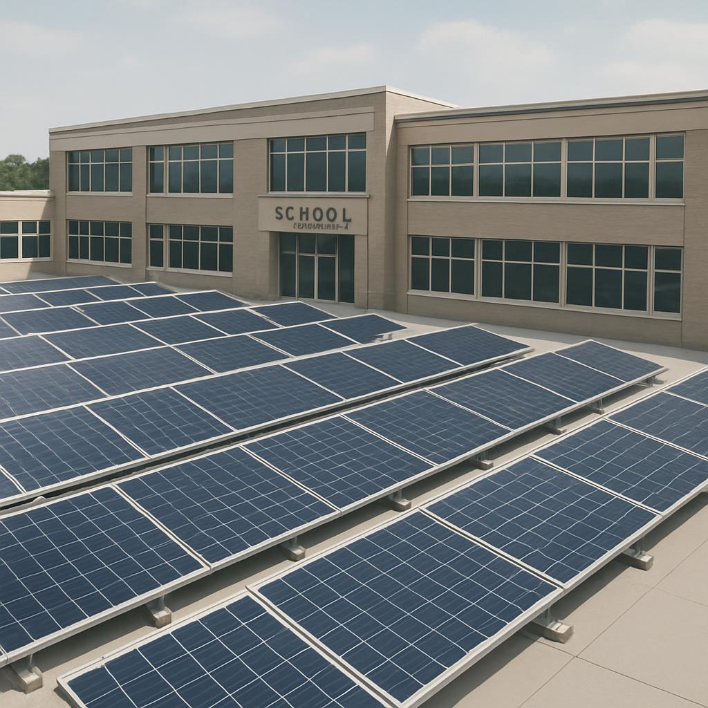 An industrial grey skycraper-type building with an 'entrance' sign reading 'SCHOOL' standing above two black doors. The va...