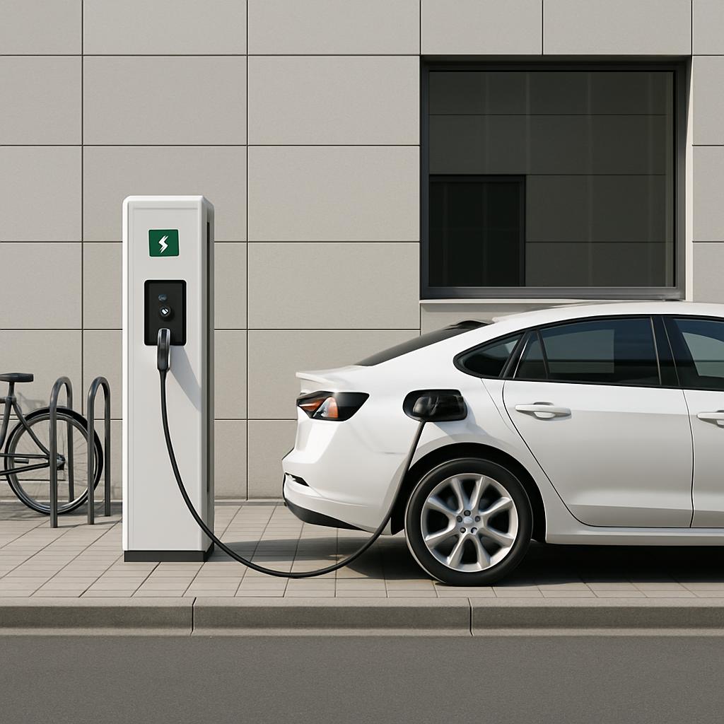 An EV car parked at a charging station and getting charged.