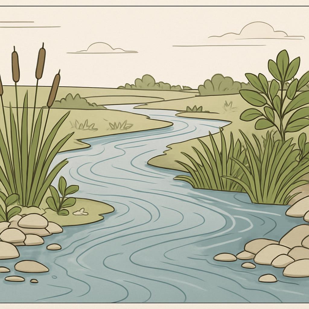 In the foreground, a winding stream is surrounded by vibrant plants and rocks. The scene is characterized by a palette of ...