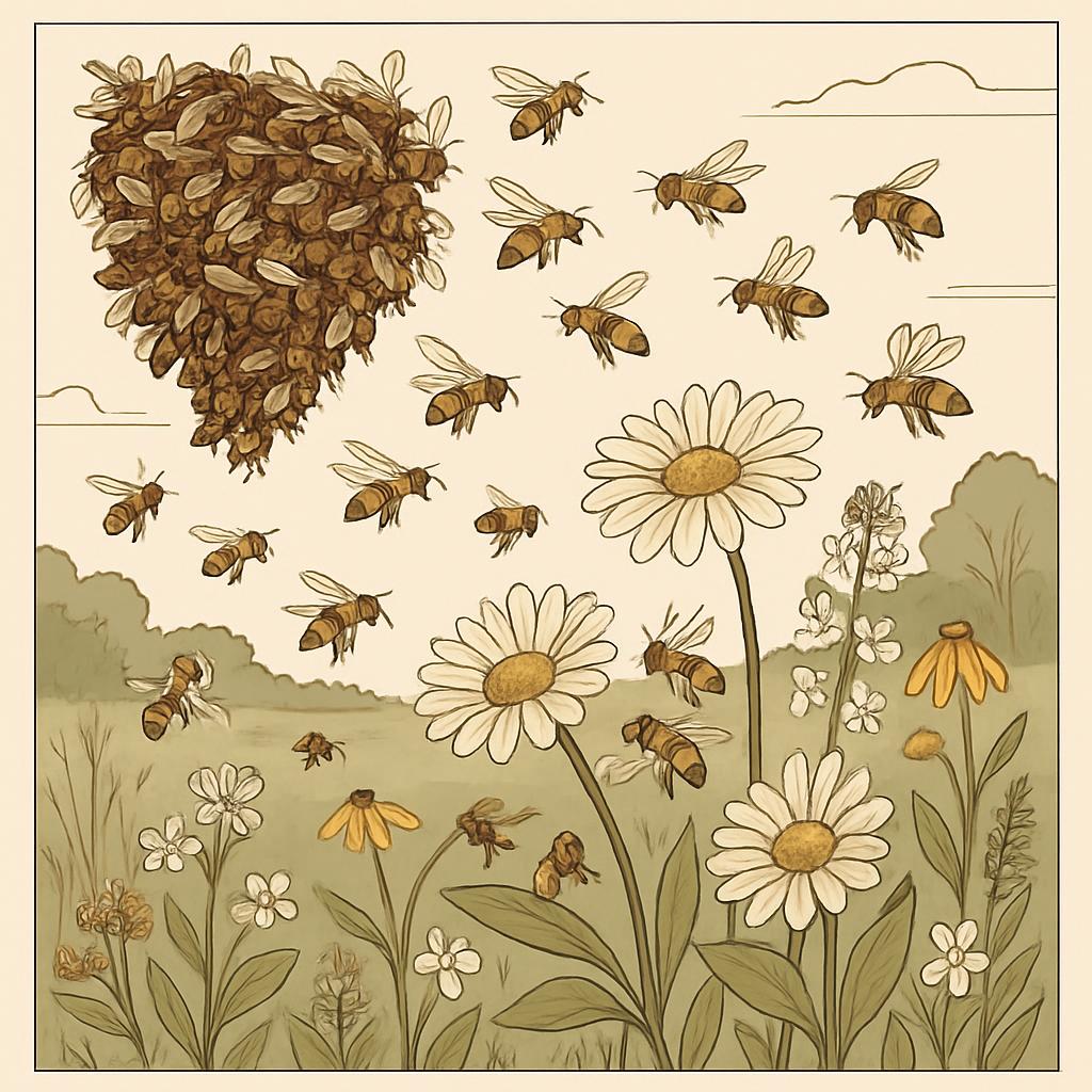 A cartoon depiction of a field with bees buzzing around white flowers and trees in the distance.