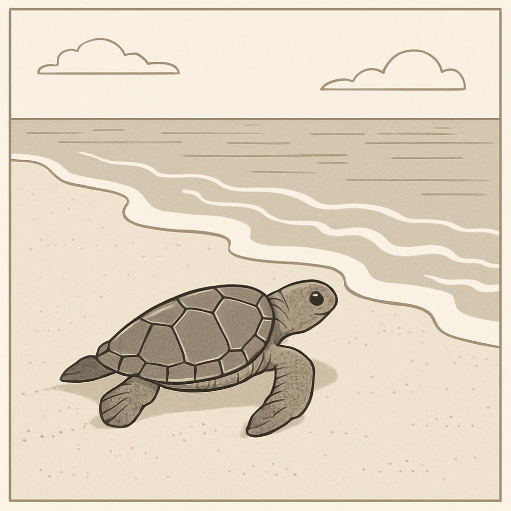 A turtle in its natural habitat, weaving through the shore's gentle waves under a peaceful sky.