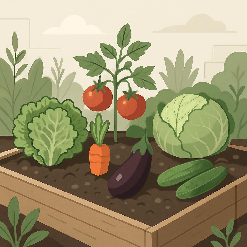 Garden bed with vegetables including tomato plants, a carrot, eggplant, lettuce, cabbage and cucumbers.